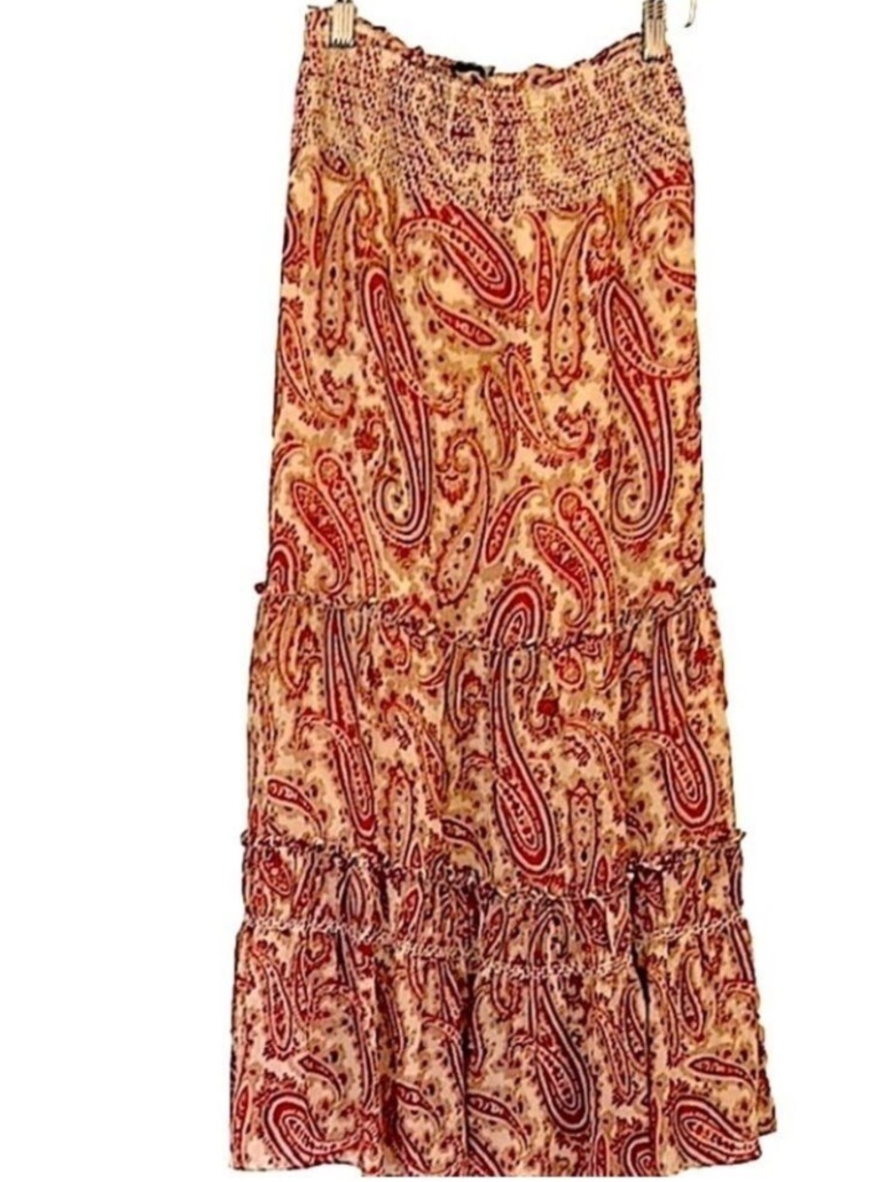 1998 Festival Bohemian Tiered Maxi Skirt Size Large Smocked Waist Tomato Red Tan